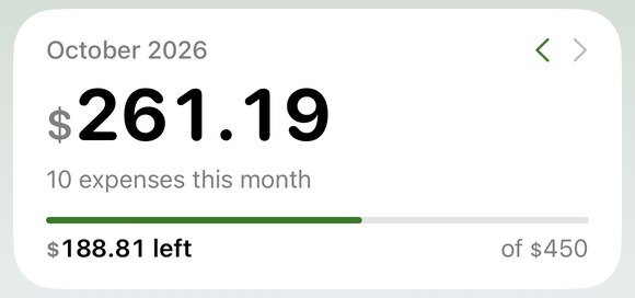 Monthly total card with a green progress bar: $188.81 left of $450