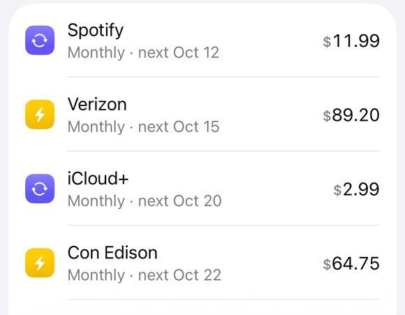 Upcoming subscriptions: Spotify, Verizon, iCloud+ and Con Edison with monthly prices and next charge dates